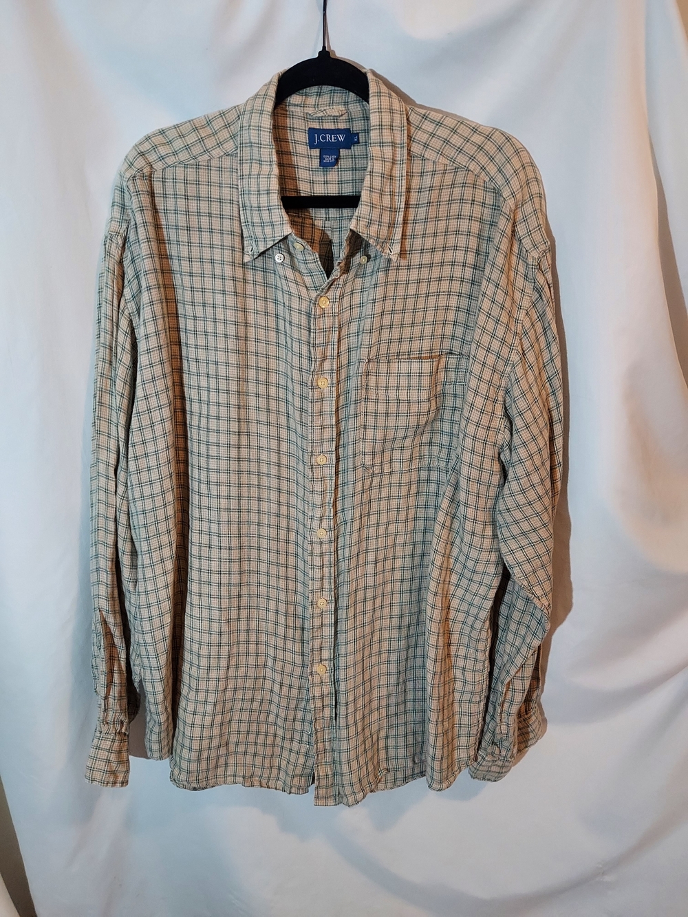 J.Crew Men's 100% Linen Plaid Button Down Shirt Beige / Tan Neutral XL